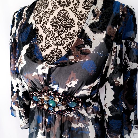 ECI Jeweled Waist Angel Sleeve V Neck Chiffon Tunic Blouse 6 - Picture 3 of 5